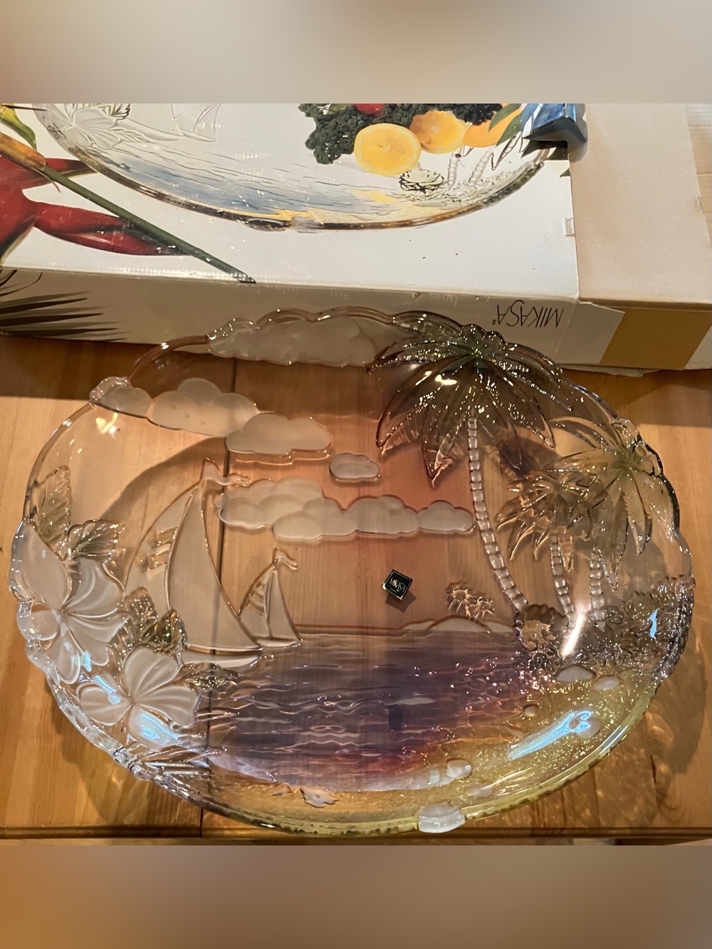 Never used Mikasa Vintage Sunset Bay Hostess Glass Sailboat Platter 18.5”